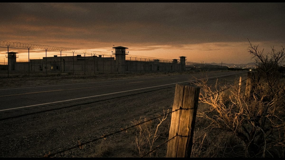 A two-lane West Texas highway at dusk runs past a prison compound behind razor-wire fences, with a weathered barbed-wire fence post in the foreground.