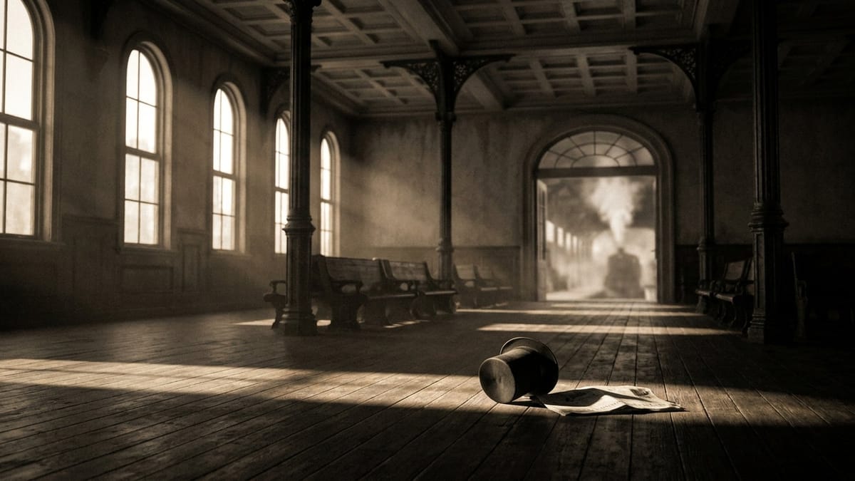 Empty 1880s railroad station waiting room in morning light, a dropped top hat on the wooden floor, a steam train beyond the doorway.