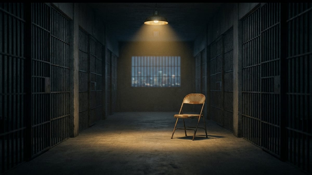 Empty metal chair under a single sodium lamp in a dark Texas prison corridor, city glow through a barred window at the far end.