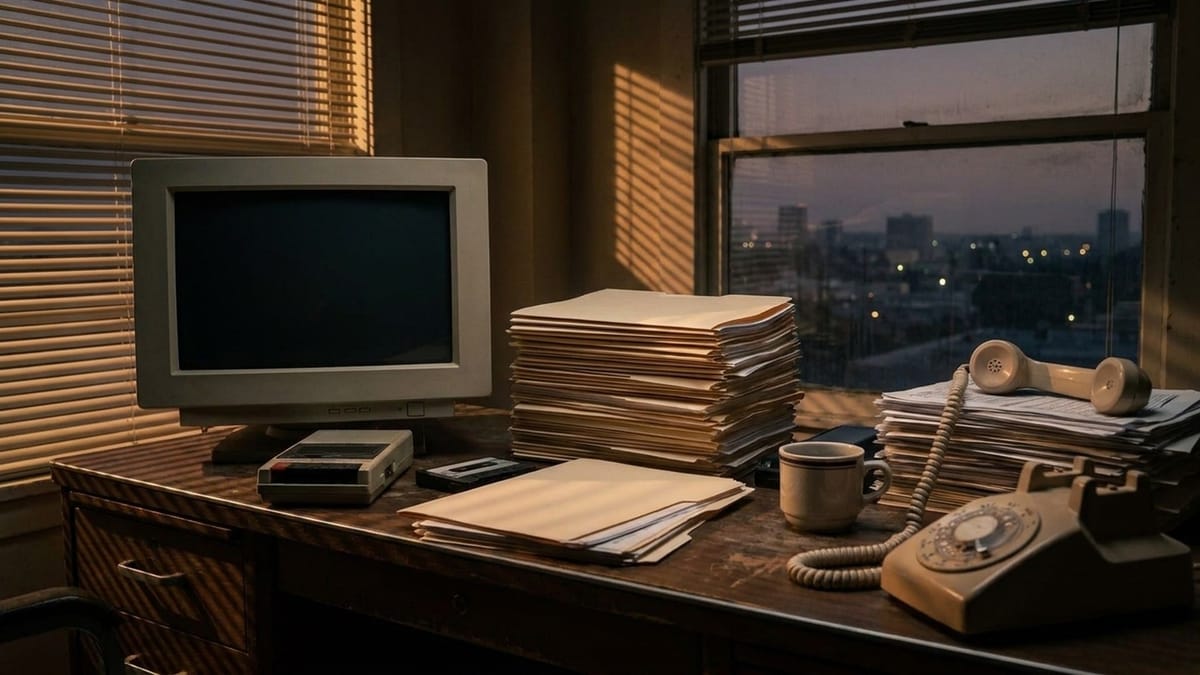 A mid-1990s newspaper reporter's desk at dusk with a CRT computer, stacked manila folders, a cassette recorder and an off-the-hook phone