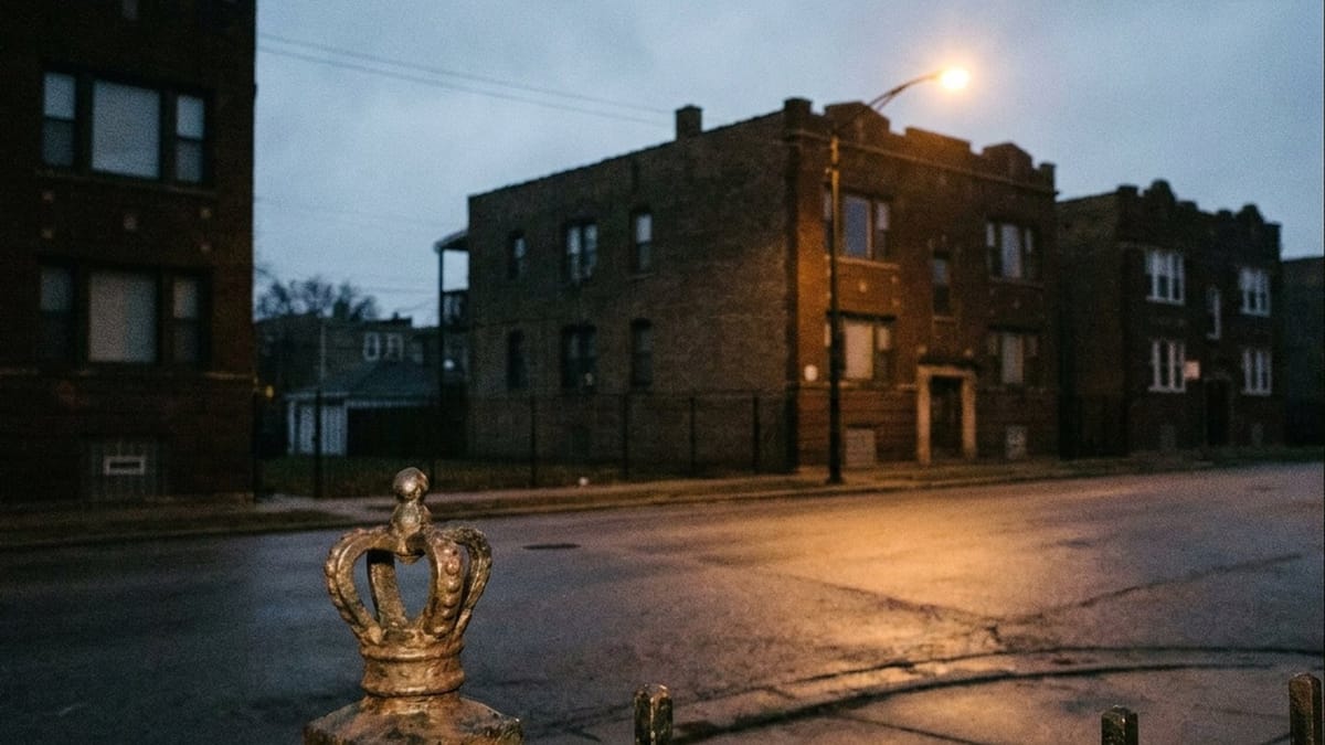Dark documentary photo of an empty place tied to The Latin Kings in Chicago; no people, no text.