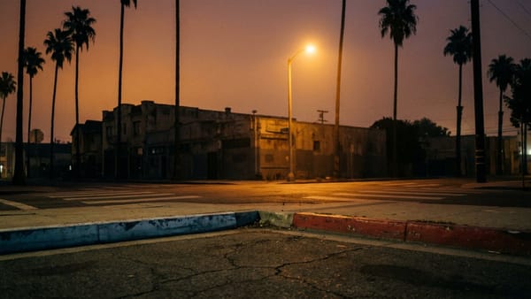 Dark documentary photo of an empty place tied to The Crip-Blood War; no people, no text.