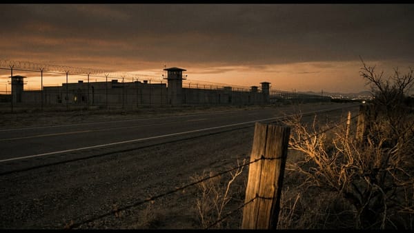 A two-lane West Texas highway at dusk runs past a prison compound behind razor-wire fences, with a weathered barbed-wire fence post in the foreground.