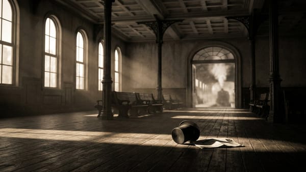 Empty 1880s railroad station waiting room in morning light, a dropped top hat on the wooden floor, a steam train beyond the doorway.