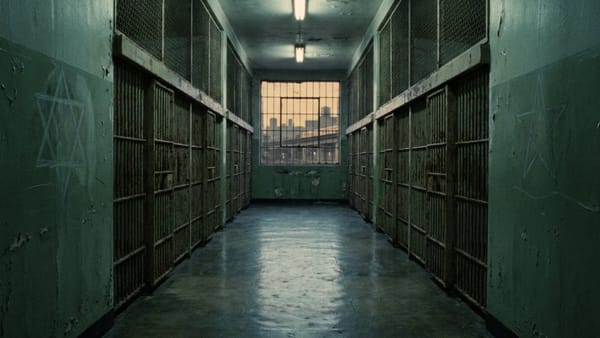 An empty 1970s prison cellblock at dusk, a chalk six-point star on one wall facing a chalk five-point star on the other.