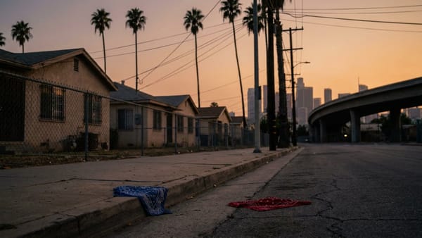 A South Los Angeles street corner at dusk, palm trees and power lines against a smoggy sky, a freeway and downtown beyond, a blue and a red bandana on the curb.